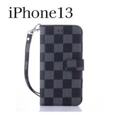 iPhone13 手帳型iPhoneケース チェック柄 ブラック