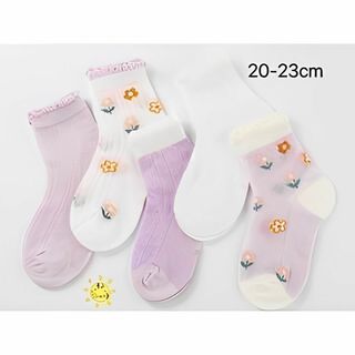 0760XL 可愛い　お花柄　キッズ靴下　子供　ソックス　メッシュ　紫色　5足組