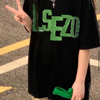 ビッグプリントTシャツ 3L 半袖 黒 緑 ロゴ 韓国 ストリート